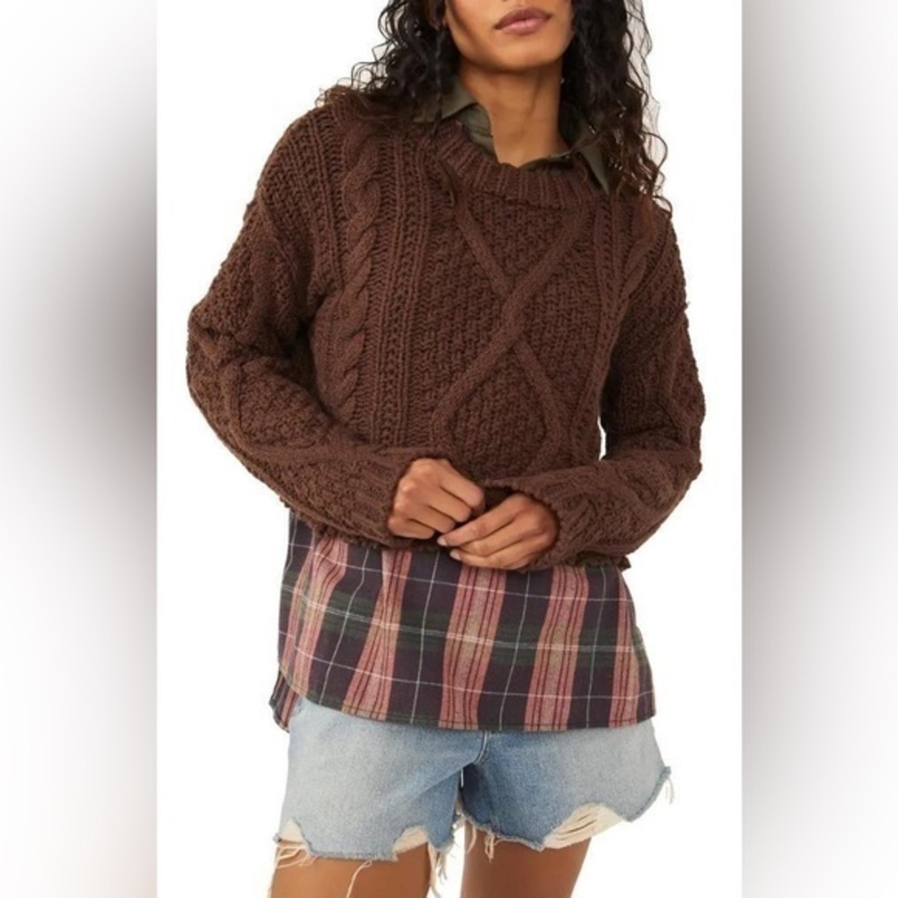 Free People Cutting Edge Chocolate Brown Chunky Sweater Crop Size Large